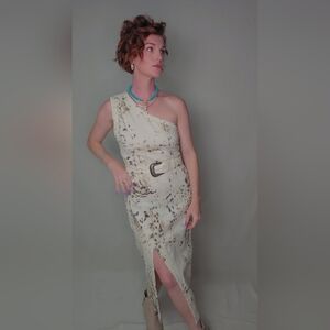 Western Cream Denim One-Shoulder Dress